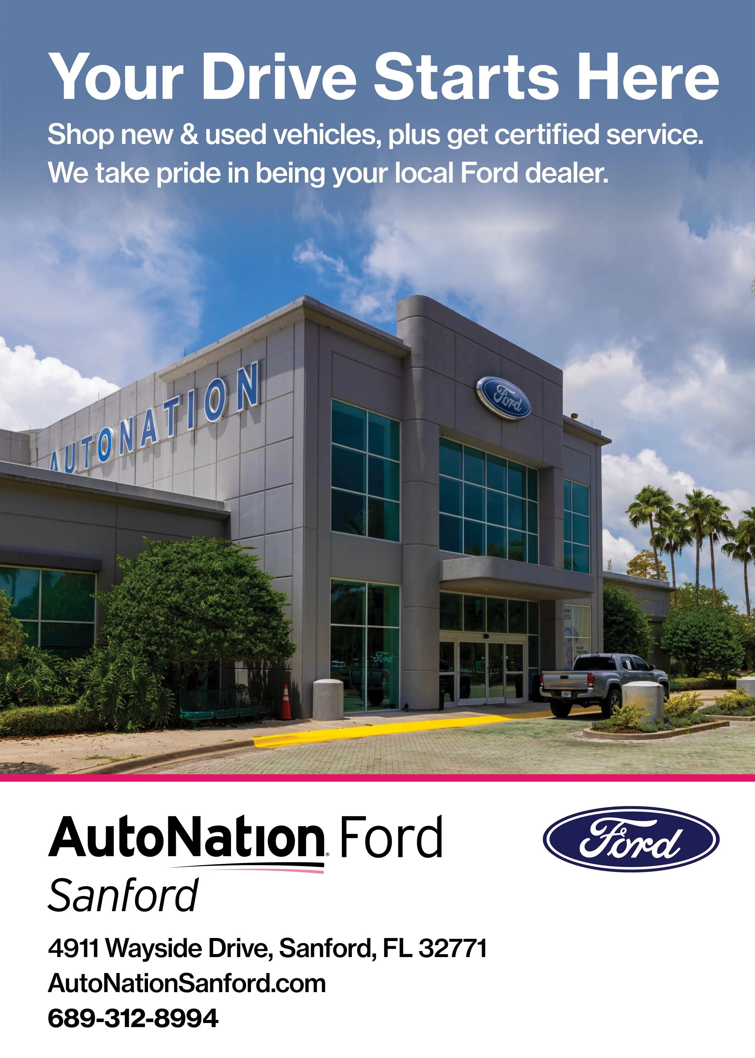 Exterior of AutoNation Ford dealership with blue sky and palm trees, signage displaying the auto dealership's name and contact information.