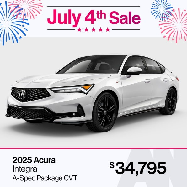 A white 2025 Acura Integra car displayed on a white background with black wheels, featuring a sleek modern design. The advertisement is for a July 4th sale, with fireworks graphics in the corners, and highlights a price of $34,795.