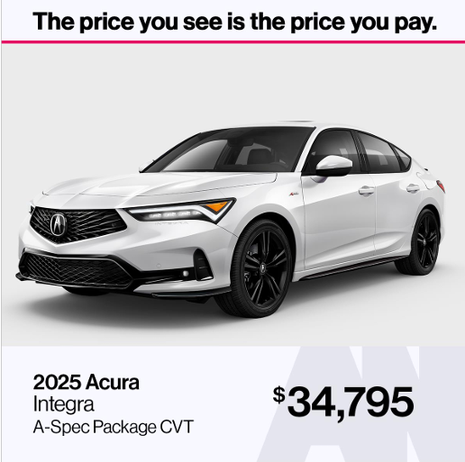 A white 2025 Acura Integra A-Spec Package CVT sedan displayed against a plain gray background with pricing and model details.
