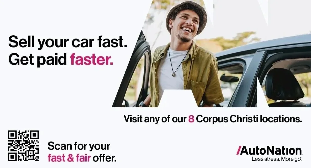 A smiling man standing outside a car, promoting car selling services at AutoNation with text encouraging fast, fair offers and highlighting eight Corpus Christi locations.