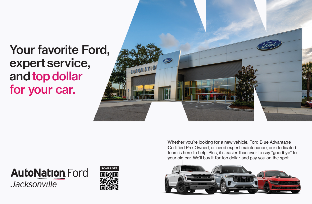 An advertisement for AutoNation Ford in Jacksonville featuring a photo of a Ford dealership building, a QR code, and images of three Ford vehicles, with text promoting Ford vehicles, expert service, and top dollar for your car.