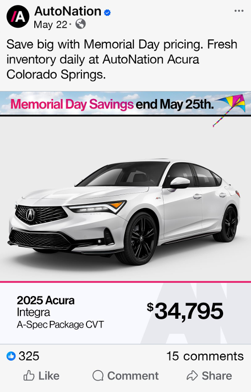 Promotional advertisement for AutoNation Acura Colorado Springs highlighting Memorial Day savings on a 2025 Acura Integra A-Spec Package CVT, priced at $34,795, with a colorful kite graphic and Memorial Day Savings banner.