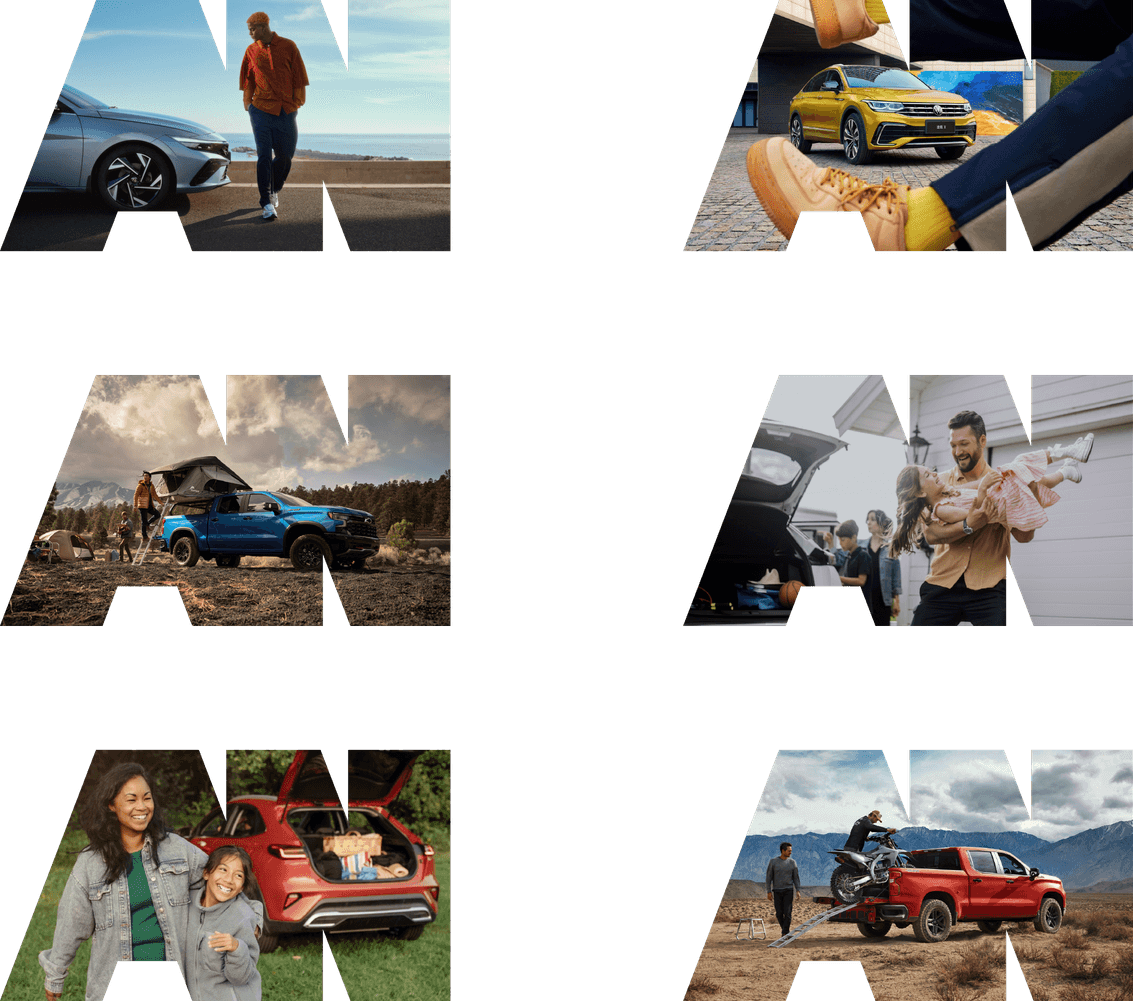 A montage of outdoor and family activities involving cars and vehicles, including a woman walking near a silver car, a yellow SUV, a blue off-road vehicle with a pop-up roof, a man holding a girl near a vehicle trunk, two people loading luggage into a red SUV, and a person loading a motorcycle onto a red pickup truck in a mountainous area.