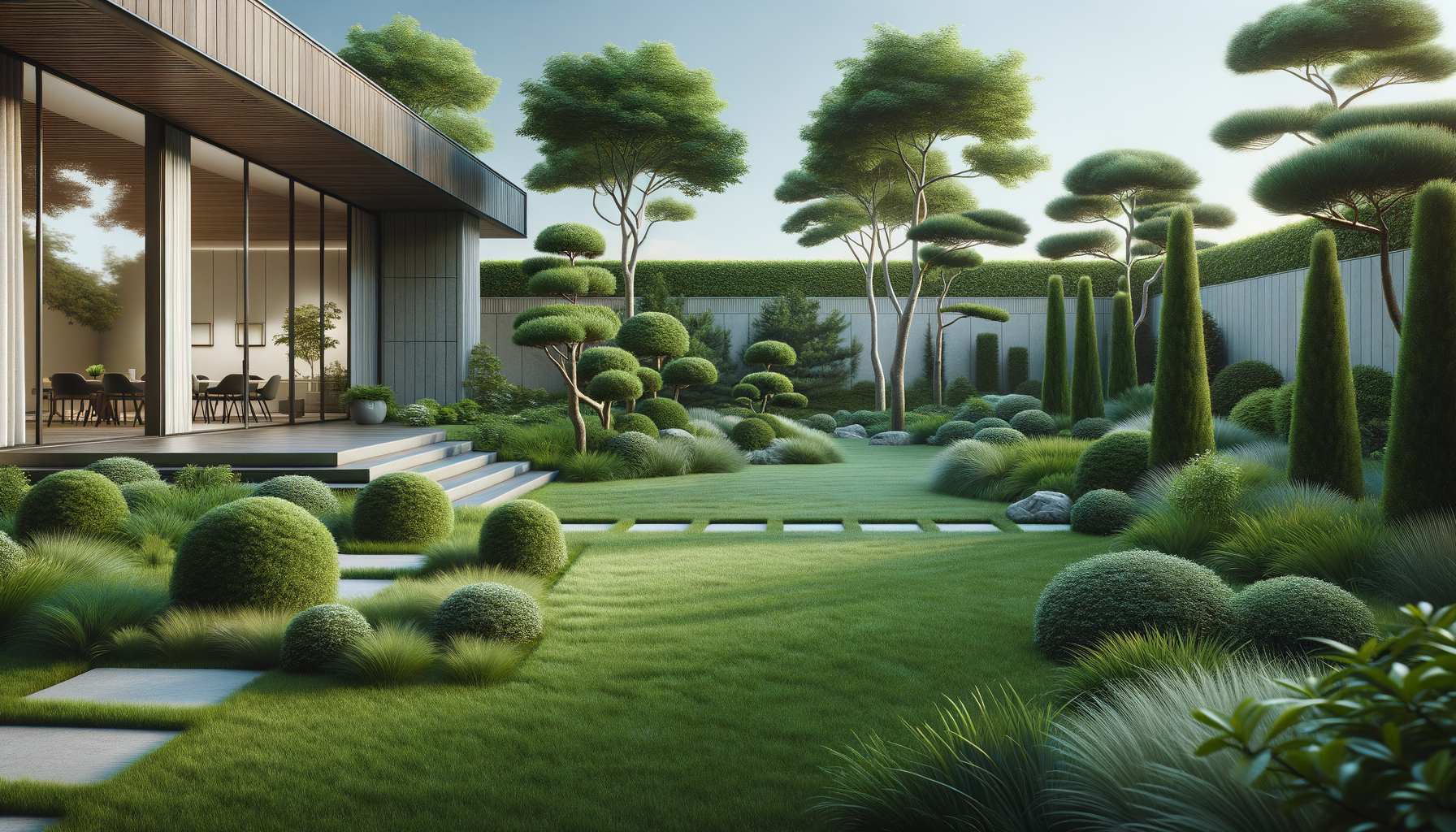 Modern house with large glass windows opening to a landscaped garden featuring trimmed bushes, tall trees, and lush green grass with stepping stones.