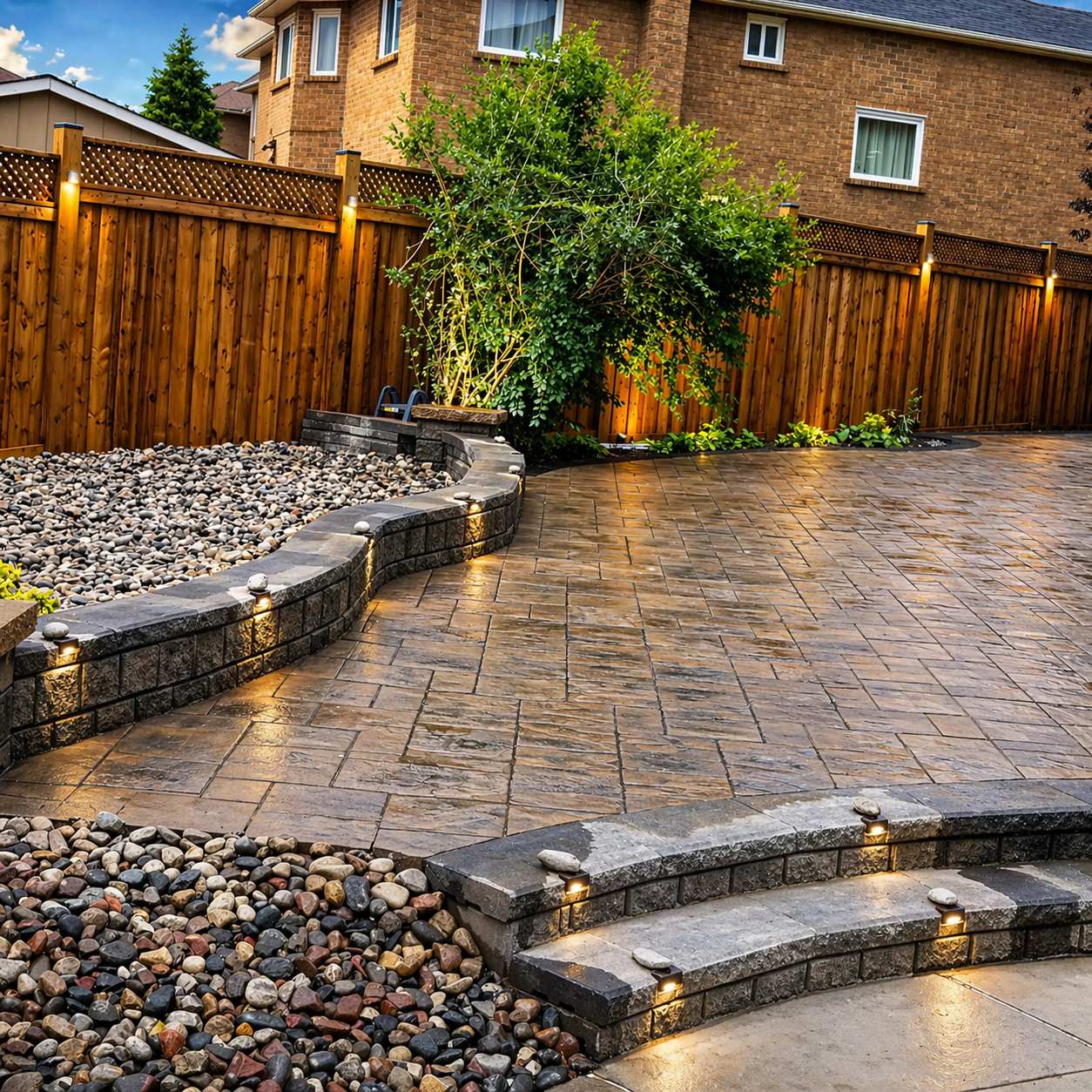 A backyard patio with stone and brick pavers, bordered by a curved brick wall with lighting, a wooden fence, and a large green bush, with the house and sky in the background.