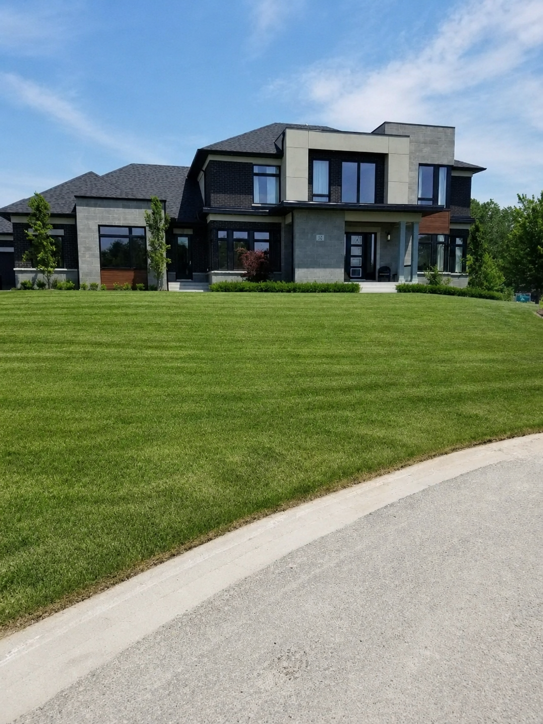 Modern two-story house with dark brick and light stone exterior, large windows, and a front porch, set on a well-manicured lawn with a curved concrete driveway.