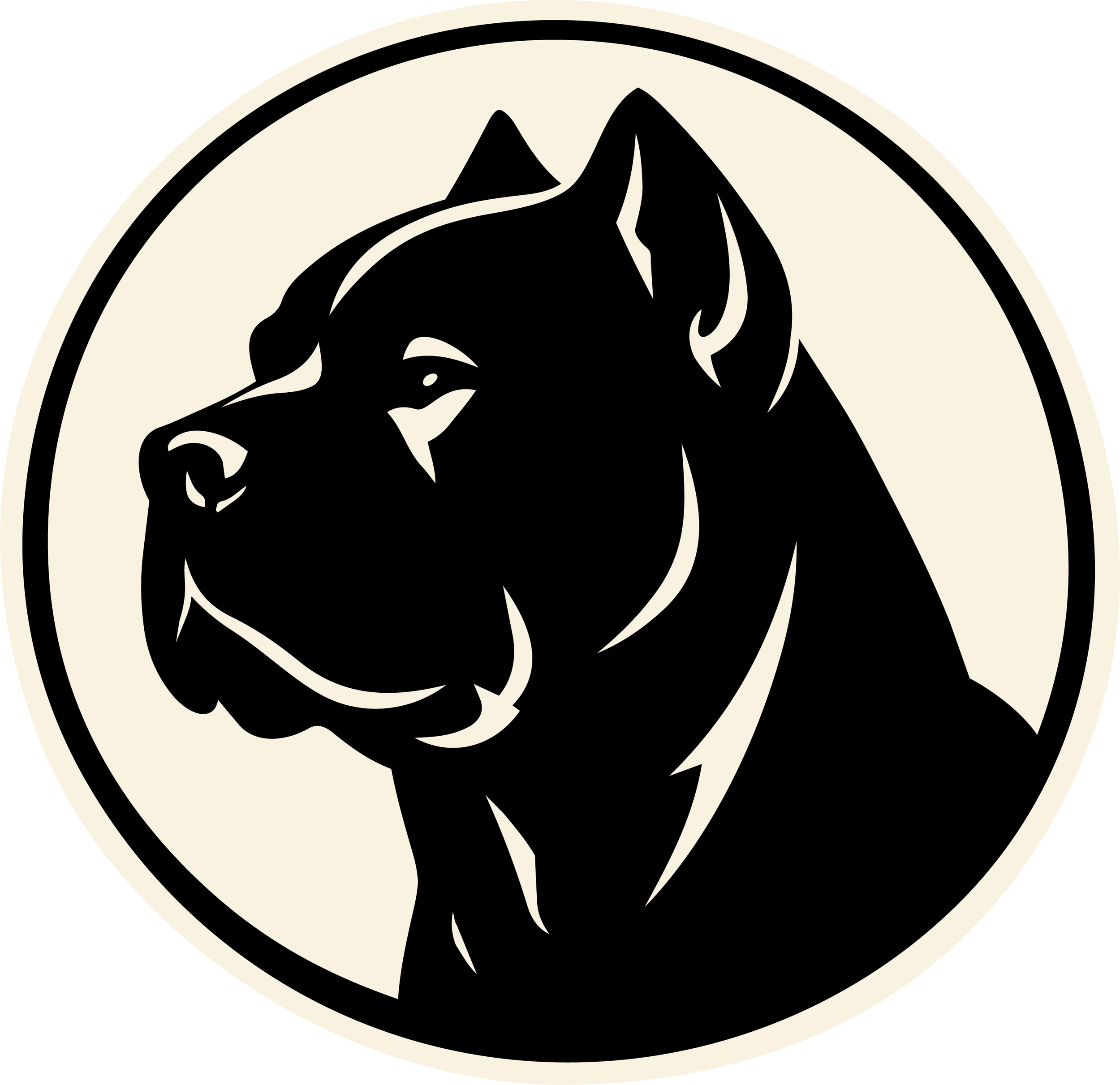 Black and white logo featuring a wolf's head in profile with pointed ears and fur details, enclosed in a circular border.