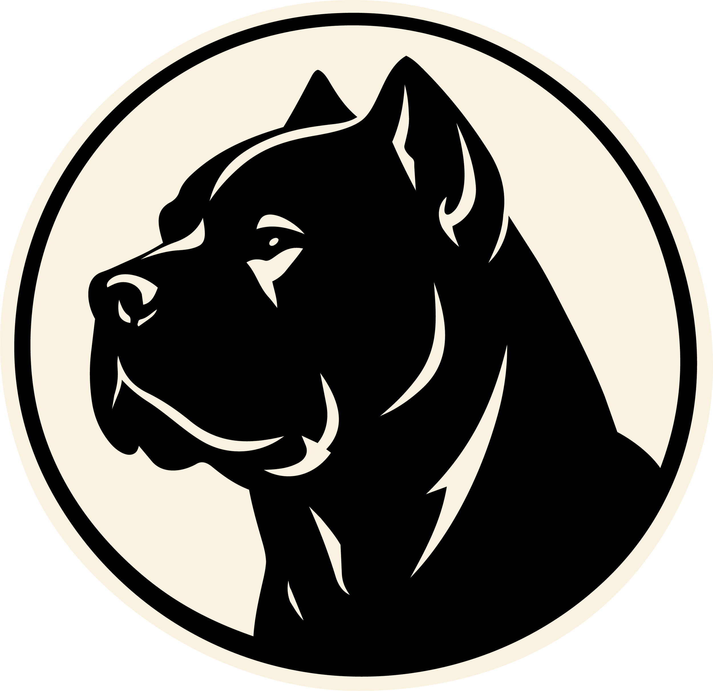 A black and white logo featuring a black dog inside a circular border.