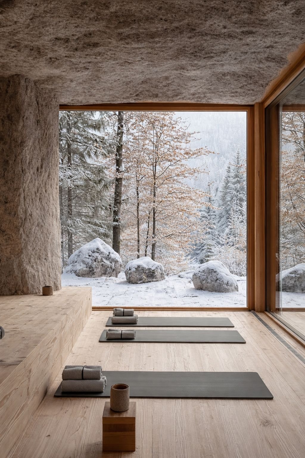 Interior of a yoga studio with four mats, each with rolled towels, facing large glass windows and a snowy, wooded outdoor landscape.
