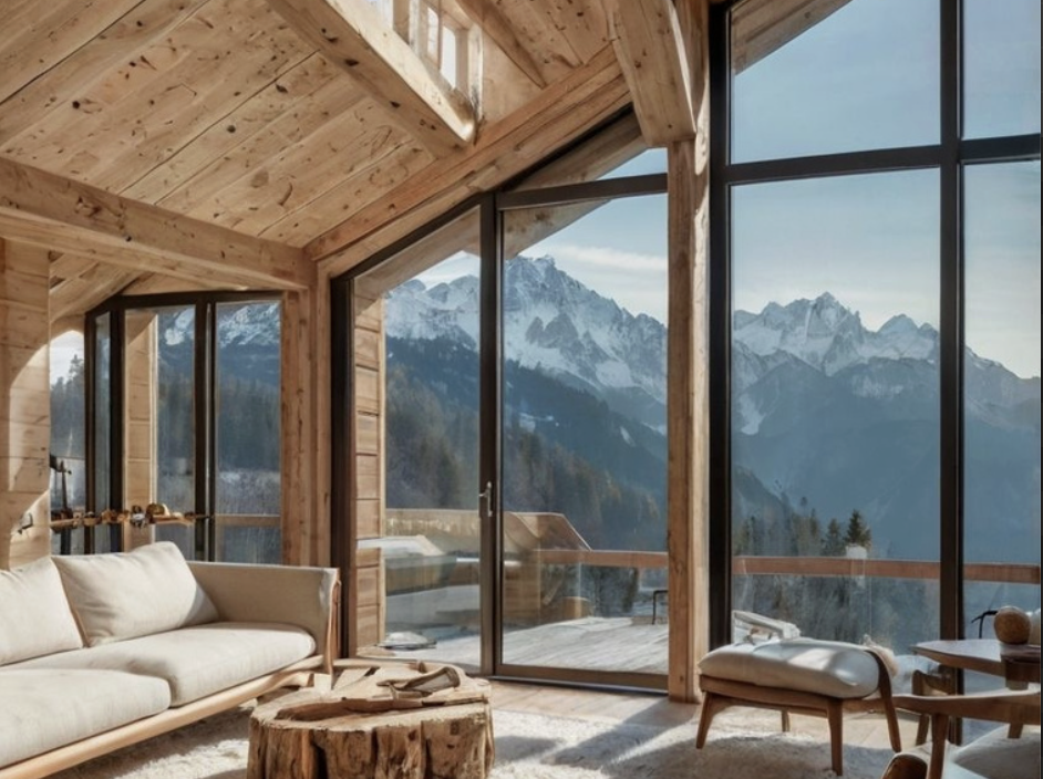 A cozy living room with wooden walls and ceilings, large glass sliding doors showing snow-covered mountains, a white sofa, a wooden coffee table, and two chairs with a small table.