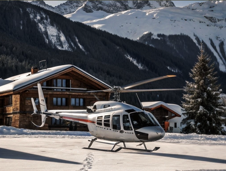 A helicopter parked on snowy ground in front of a wooden cabin, mountains covered in snow and trees are visible in the background.