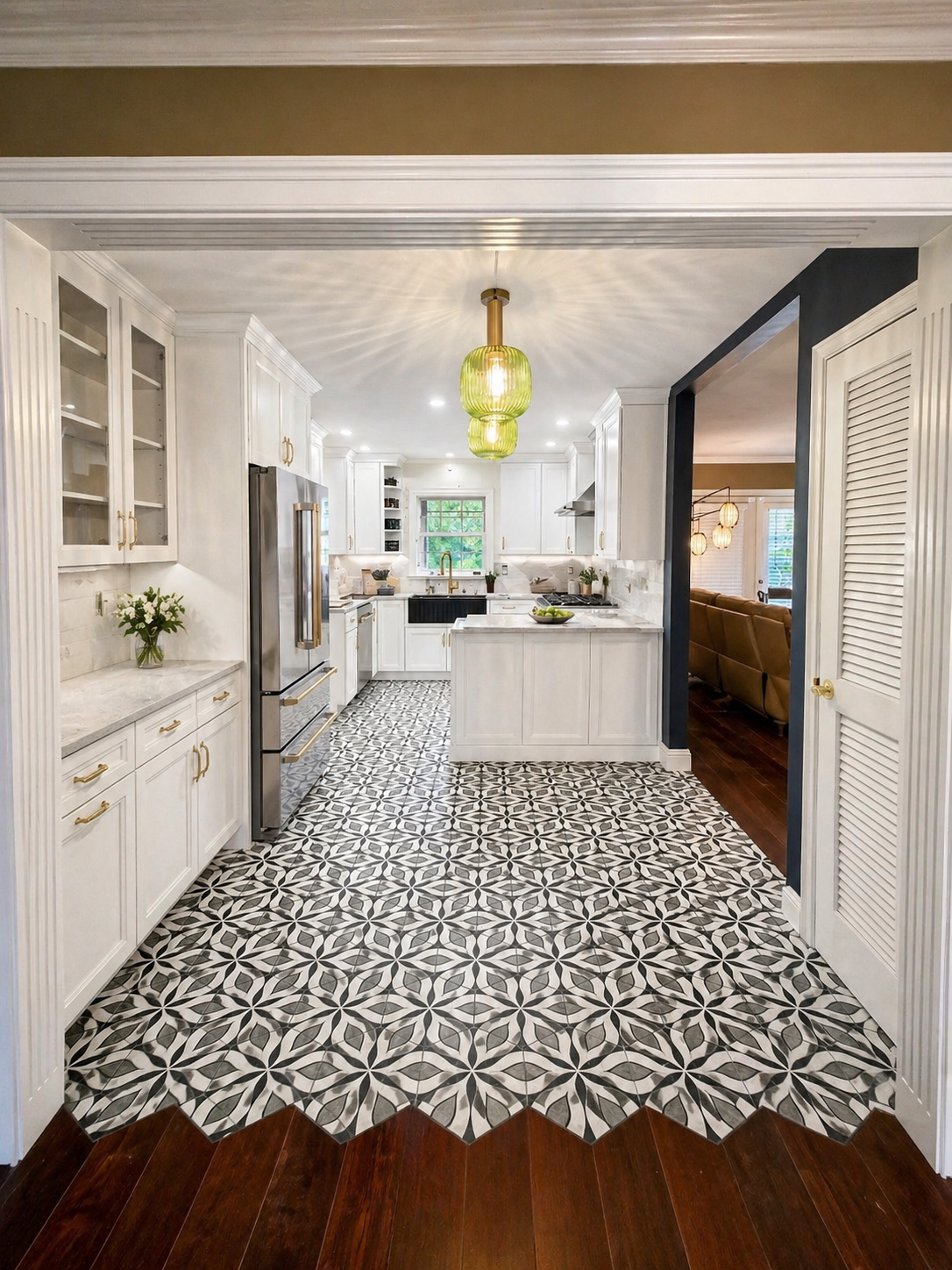 antique white cabinets, glass front cabinets, custom tile flooring, custom floor transition, kitchen island, fully custom kitchen remodel