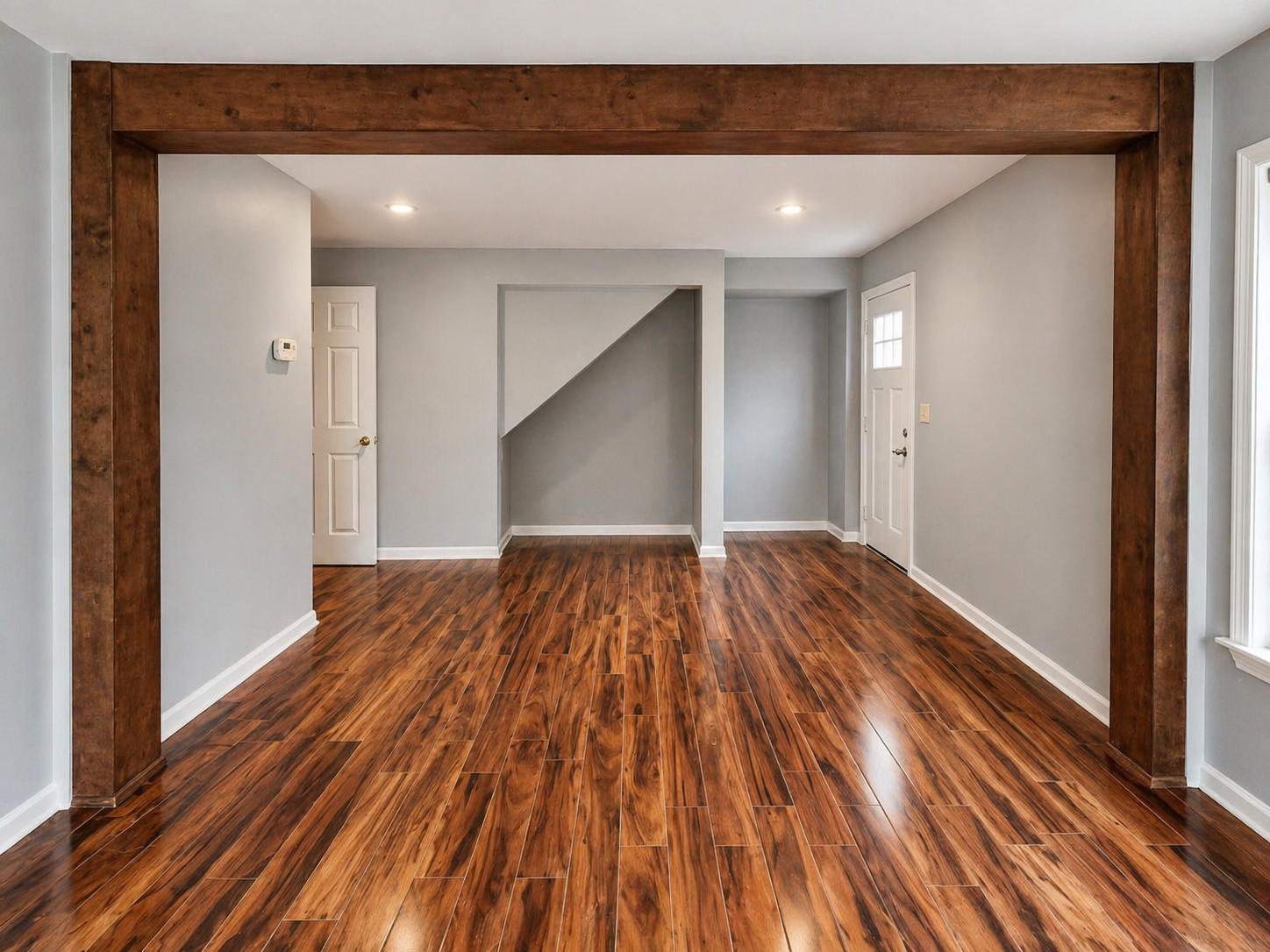 This remodeled interior showcases a clean, open layout with warm wood-look flooring, soft neutral walls, and a custom framed opening that defines the space while maintaining an airy feel. The rich wood beam detail adds craftsmanship and visual struct