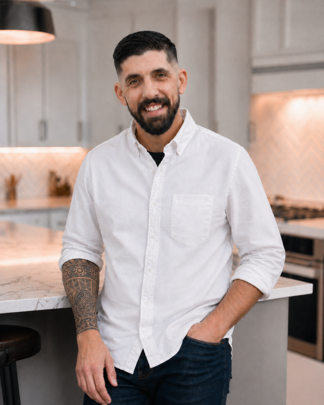 A smiling man with a beard and tattoos on his left arm standing in a modern kitchen with marble countertops and light-colored cabinets.