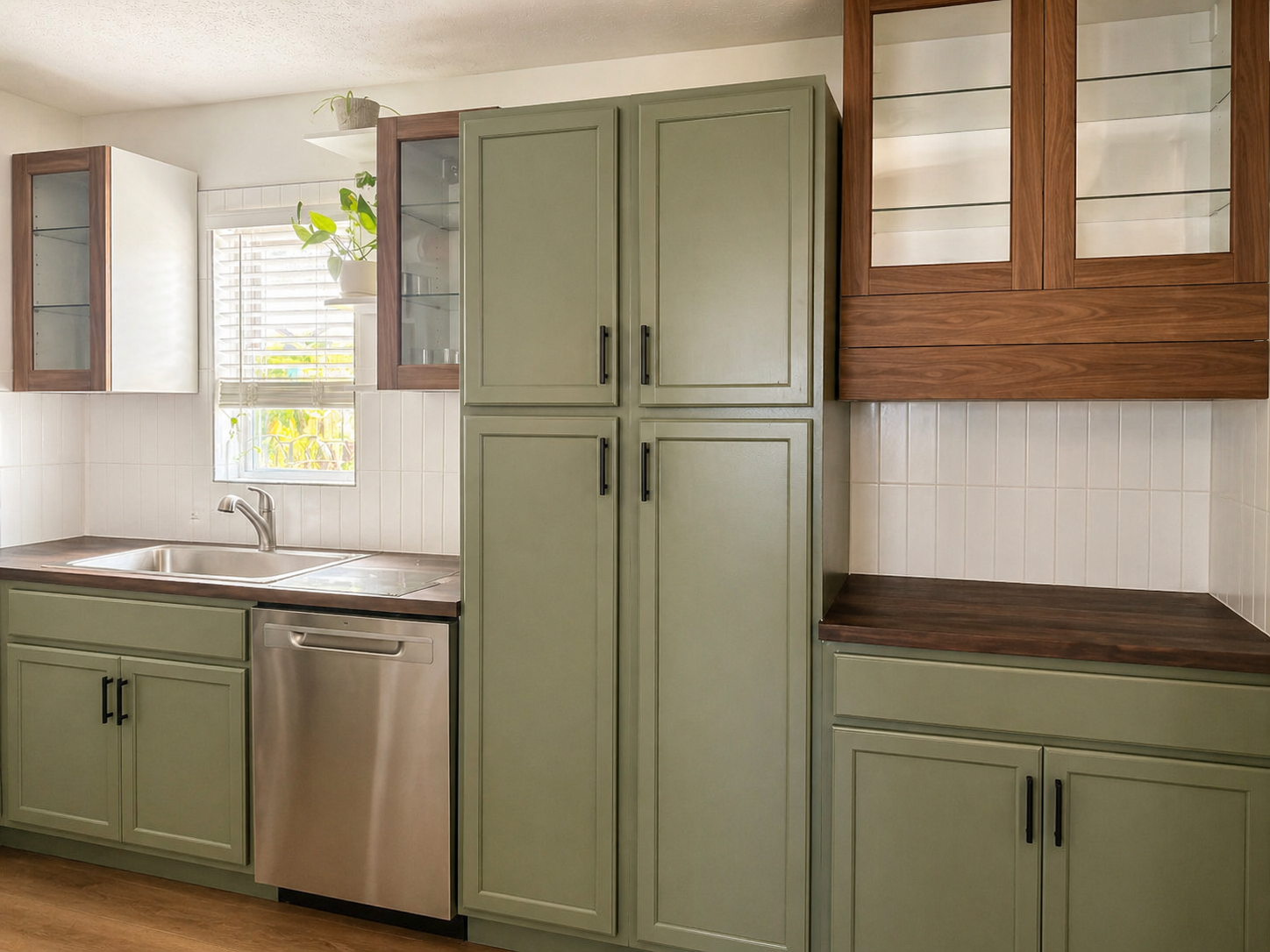 Two-toned kitchen cabinets, butcher block countertop, glass front cabinets, kitchen remodel, subway tile backsplash, white tile backsplash
