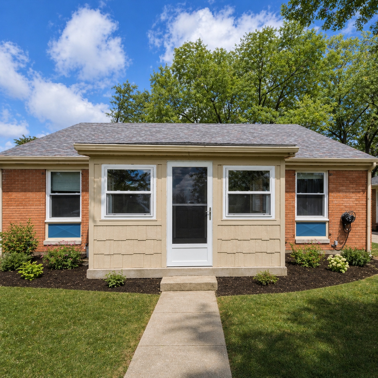 This exterior renovation highlights a major curb appeal improvement with a newly finished front addition that enhances both function and appearance. The updated front entry, new windows, fresh siding details, and clean lines give the home a more comp