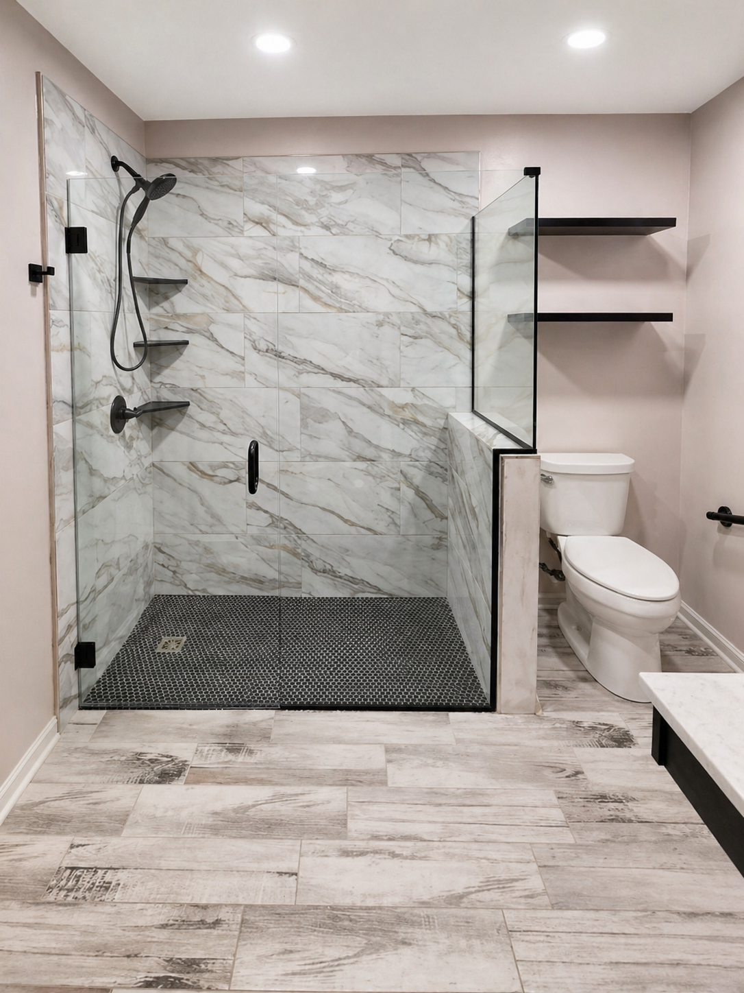 Modern bathroom remodel by Kaczmarek Contracting featuring custom tile work, updated fixtures, a stylish vanity, and clean finishes in Louisville, KY and Southern Indiana.