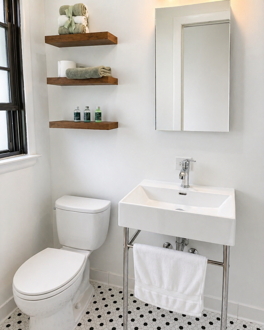 Small bathroom remodel with white wall-mounted sink, chrome fixtures, floating wood shelves, hexagon floor tile, and bright clean finishes.