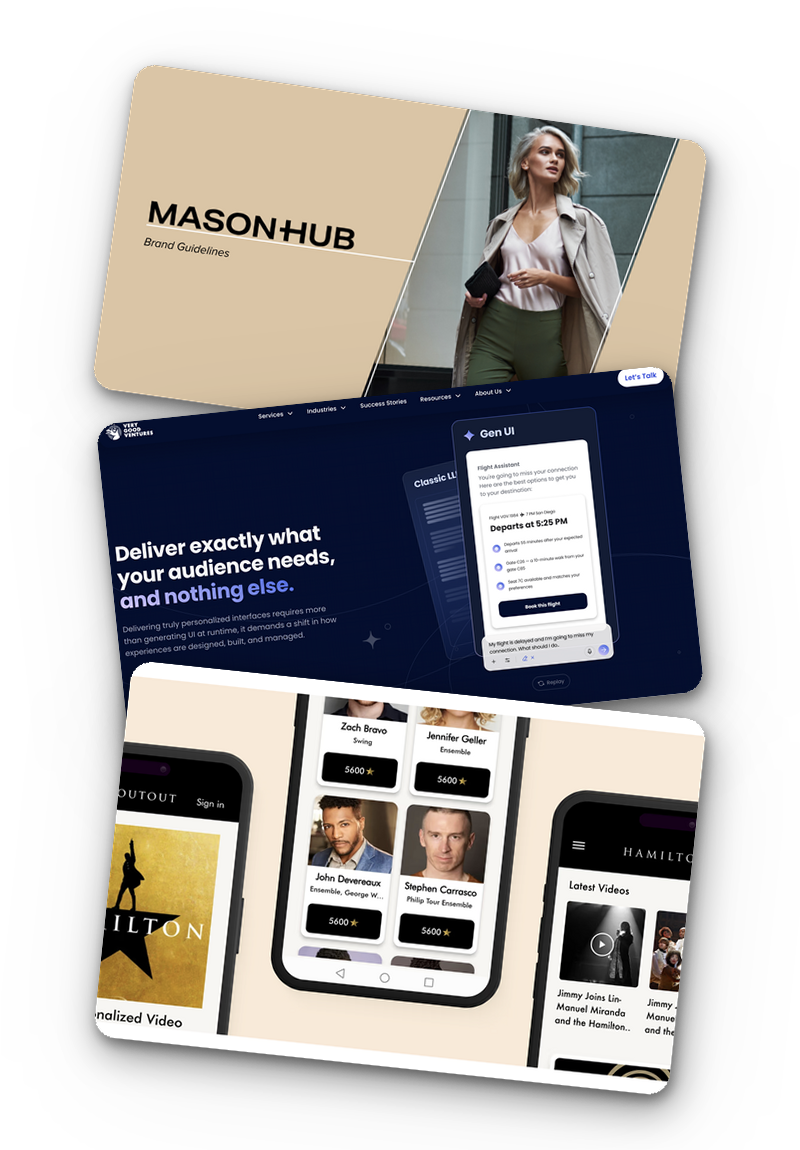 A digital collage of three overlapping screens and a beige card. The beige card in the background displays the text 'MASON + HUB Brand Guidelines' along with a photo of a woman walking in an urban setting, holding a clutch, wearing a trench coat, blouse, and pants. The top screen of the collage shows a dark-themed website or app interface with the headline 'Deliver exactly what your audience needs, and nothing else,' featuring a flight booking widget. The bottom screens display different mobile app interfaces: one with profile images and star ratings of performers, and another with a list of recent videos featuring performers' names and thumbnail images.