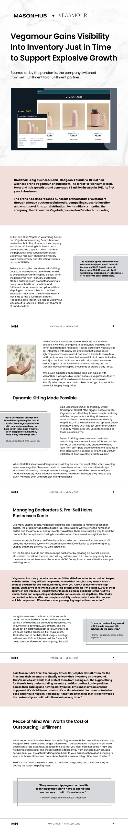 A promotional document or presentation slide about Vegamour's inventory growth and business strategy. Contains text and a display of product images, highlighting company success in inventory visibility, managing backorders, and supporting explosive g