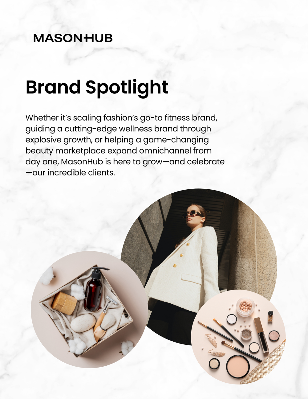 A promotional image for MasonHub featuring a woman in sunglasses and a cream-colored coat, alongside two circular images of beauty and wellness products, on a white marble background.