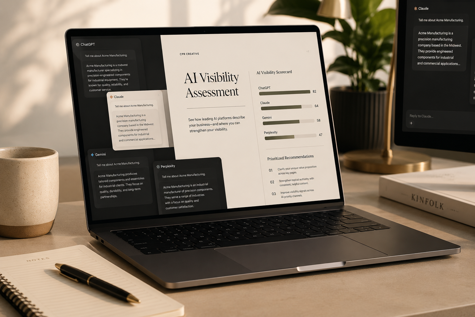 A laptop on a desk displaying an AI visibility assessment report with scores and recommendations. There is a notebook and pen in front of the laptop, a mug to the left, and a potted plant and a lamp in the background.