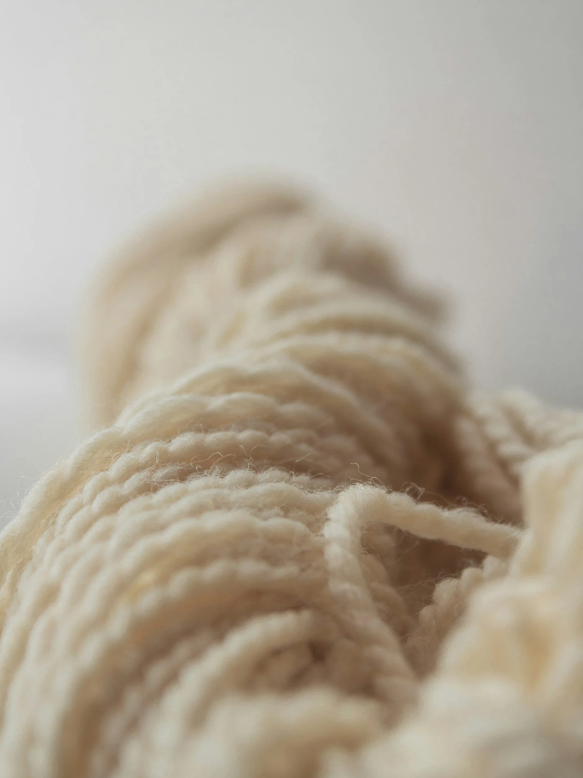 Close-up of cream-colored yarn or string, showing textured fibers, curled and layered.