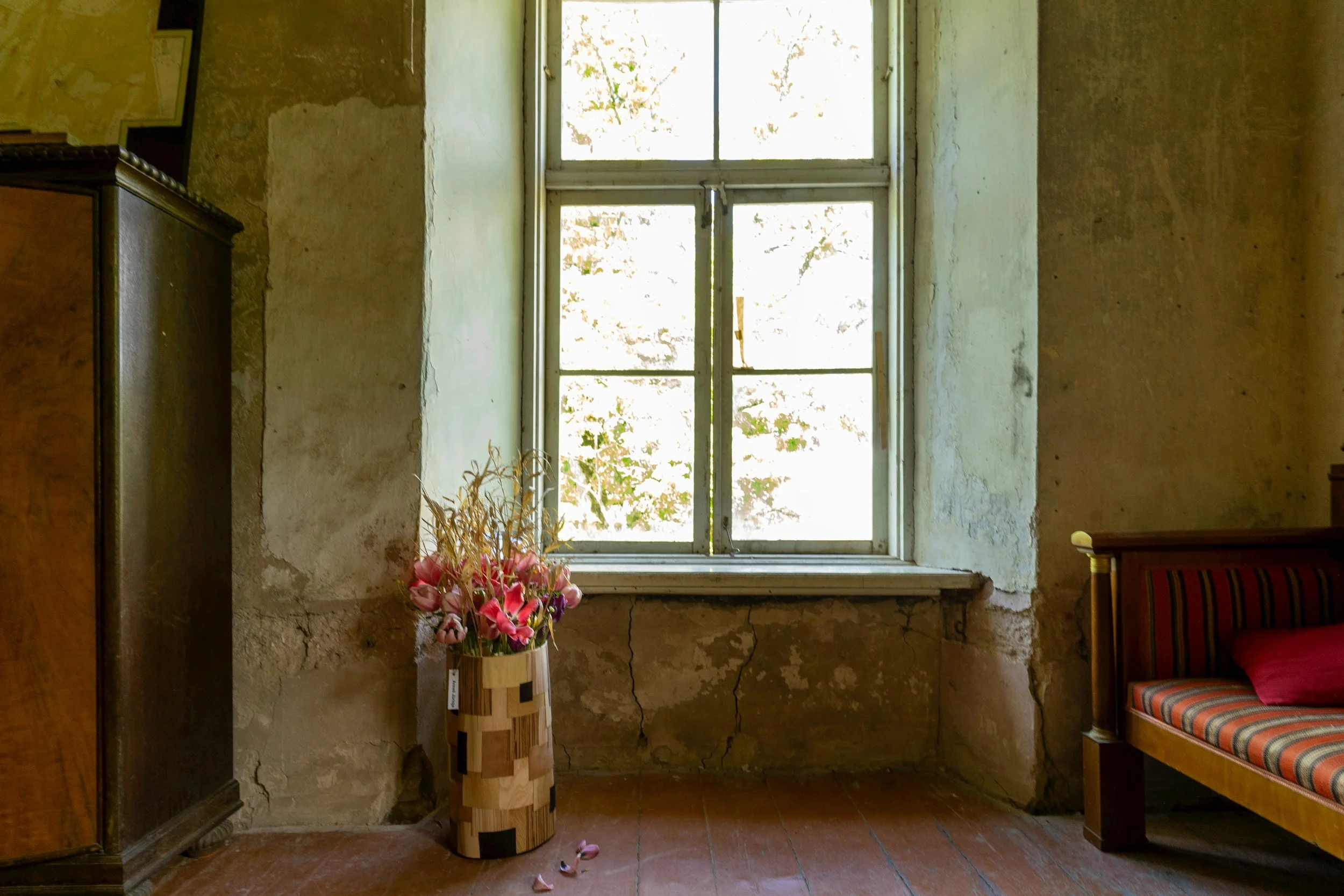 An interior wall with peeling plaster, a wooden cabinet on the left, a tall plant with pink flowers in a wooden stand in front of a large window with broken panes, and a wooden bench with a striped cushion on the right.