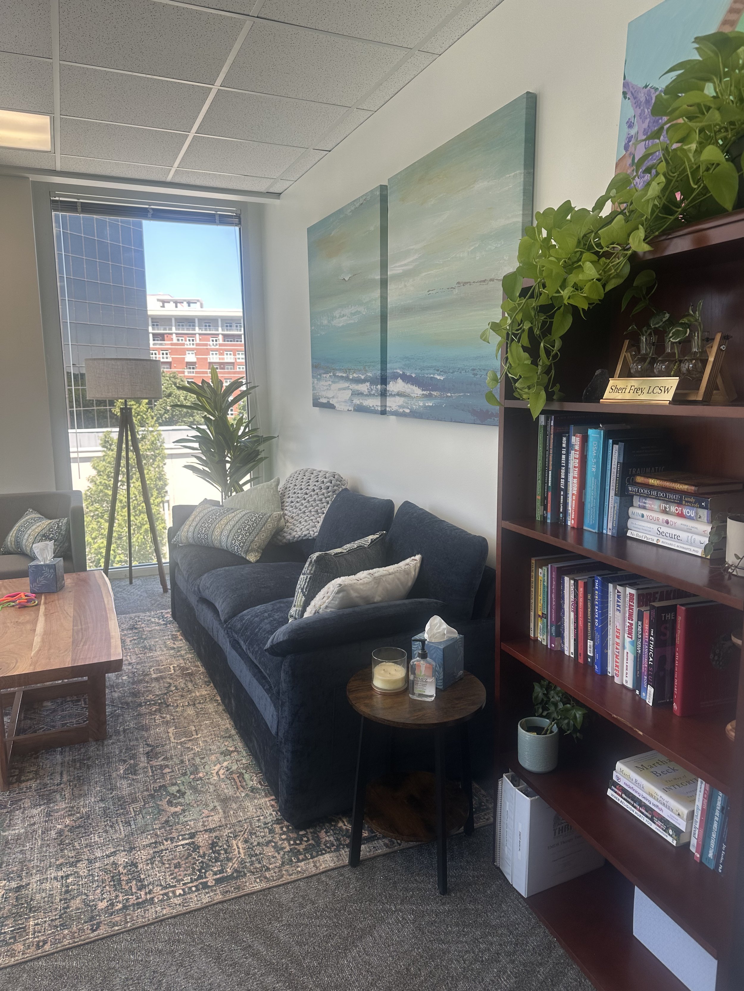 A cozy office or lounge area with a large window showing a cityscape with tall buildings and greenery outside. Inside, there is a dark blue velvet sofa with multiple patterned pillows, a wooden coffee table, a standing lamp, and a bookshelf filled with books and decorative items. There is also a small side table with a candle, tissue box, and hand sanitizer. The walls have artwork, and there are houseplants adding greenery to the space. The room has an inviting and relaxed atmosphere.