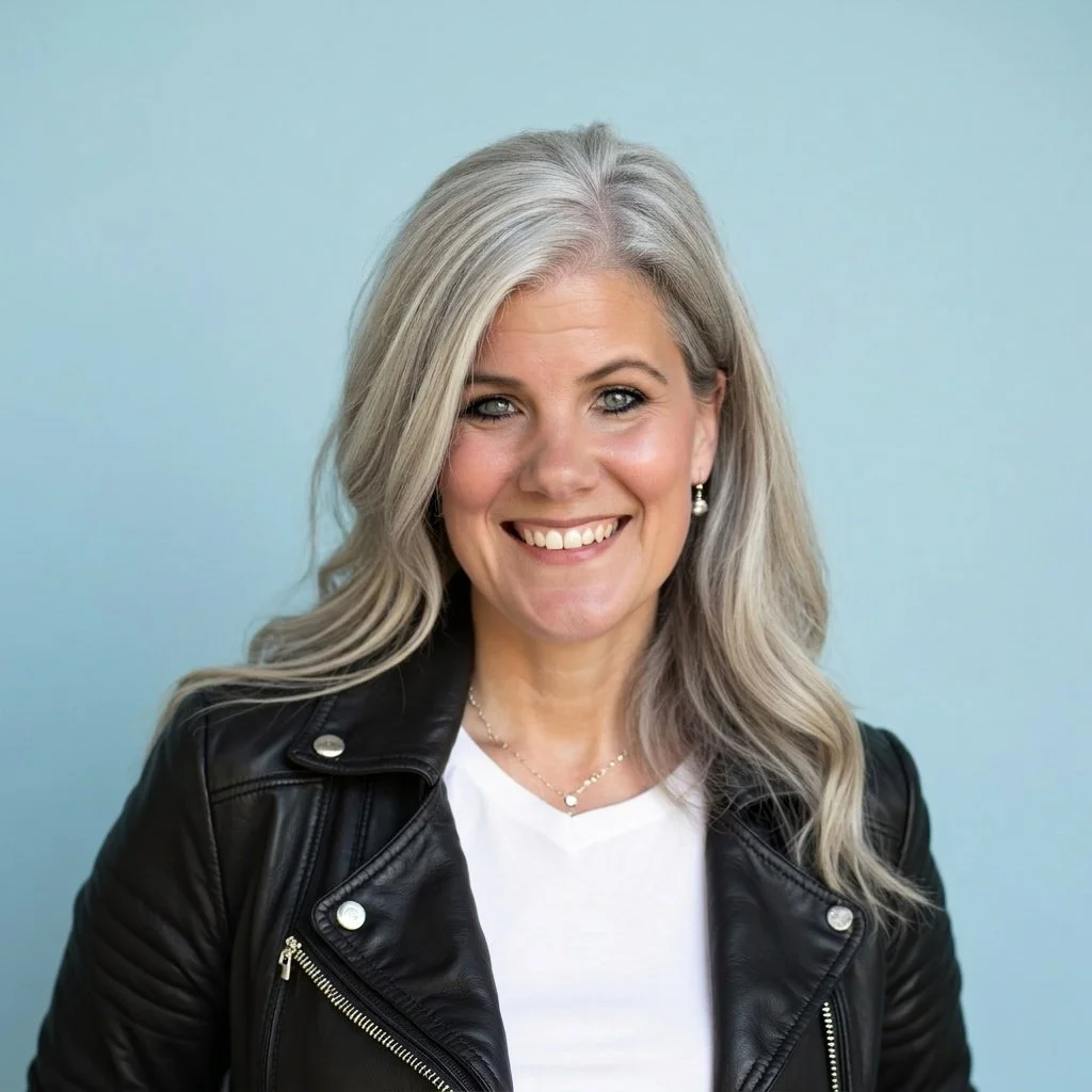 A smiling woman with blonde hair, wearing a black leather jacket, a white top, and jewelry, standing against a light blue background.