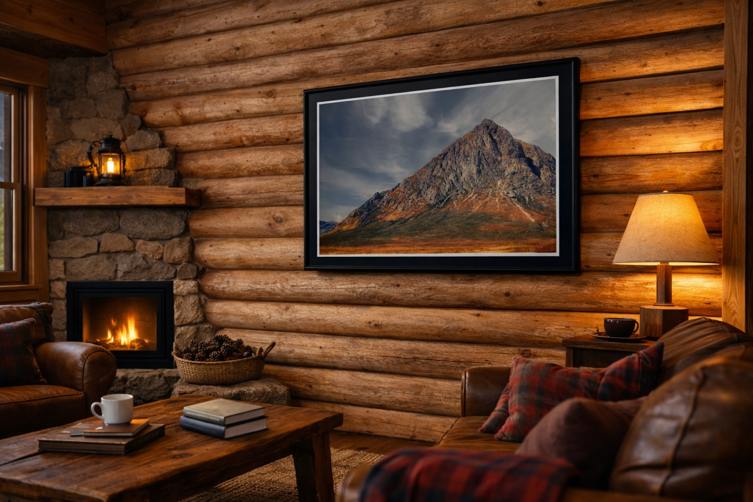 Cozy cabin living room with a mountain landscape painting, leather sofa, wooden coffee table, fireplace, lamp, and rustic decor.