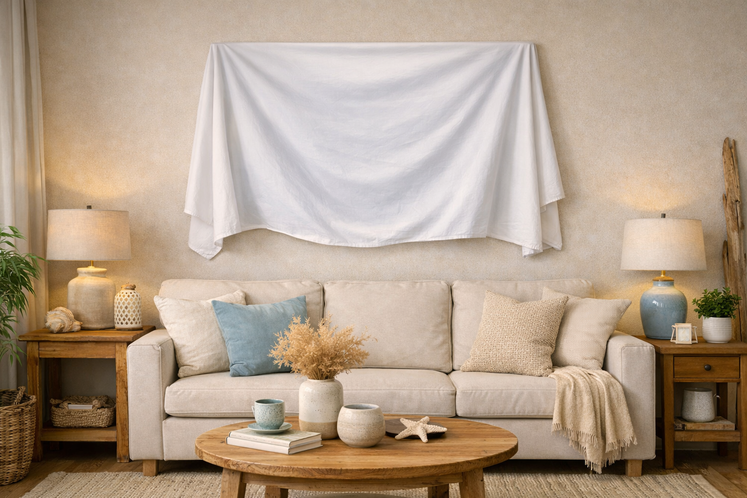 Living room with a beige sectional sofa, throw pillows, a wooden coffee table with vases and books, side tables with lamps, and decorative items, with a white fabric hanging on the wall above.