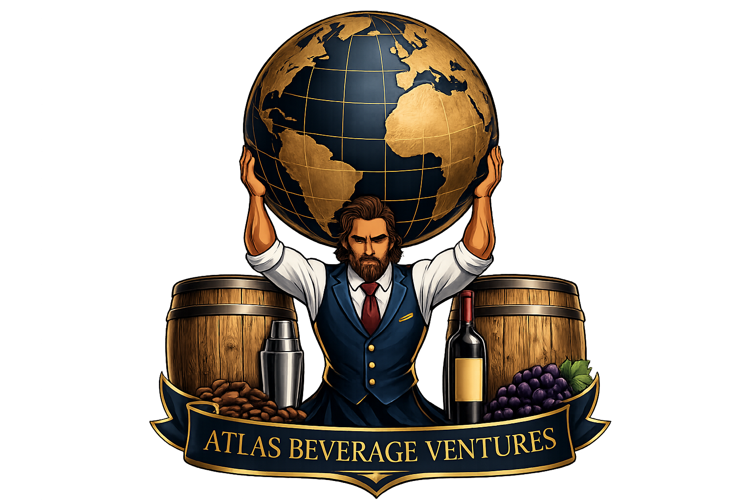 A bartender with a serious expression holds a globe above his head, standing behind two barrels, with a bottle of wine, a cocktail shaker, coffee beans, and grapes in front. A banner reads 'Atlas Beverage Ventures'.