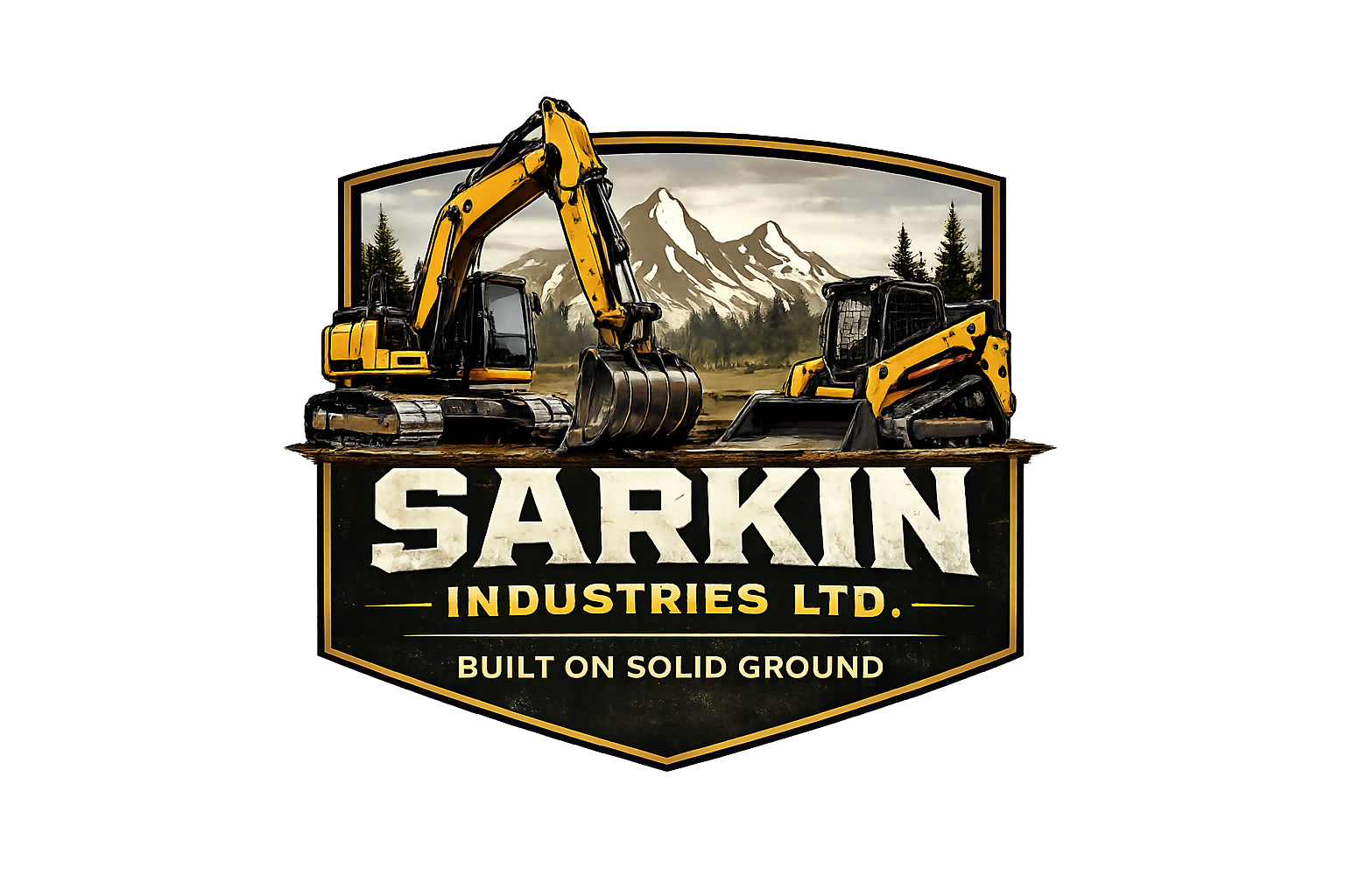 Sarkin Industries Ltd. logo featuring two yellow construction excavators with mountain background, and the text 'Built on Solid Ground'.