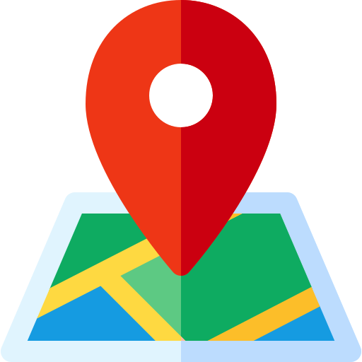 Icon of a map with a large red location pin marker on top.