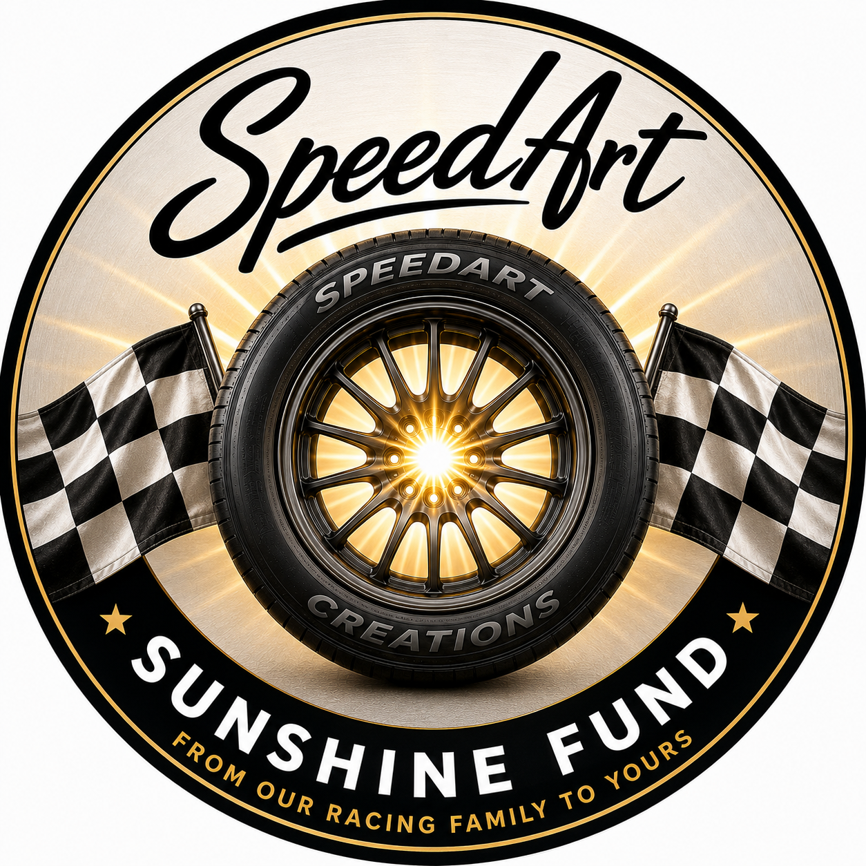 A circular logo featuring a racing wheel at the center with sunlight shining through, flanked by two checkered flags. The words 'SpeedArt' are written at the top, and 'Sunshine Fund' with the phrase 'From our racing family to yours' are at the bottom, celebrating a charitable racing theme.