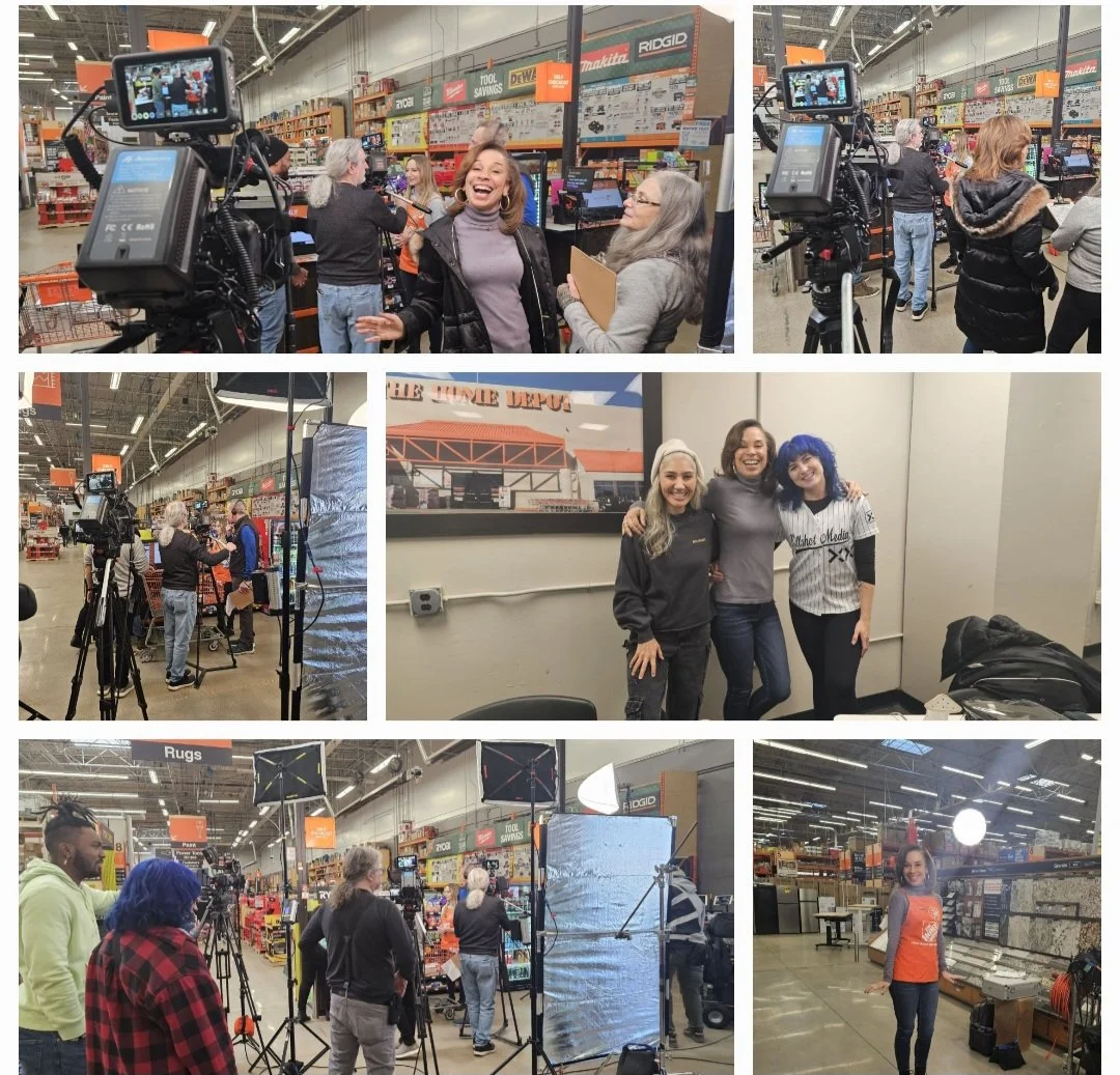 Kelley Powell on set, with a filming crew and crew members conducting an interview or recording. People are being filmed, standing in front of cameras, and posing for photos. Equipment such as cameras, lights, and reflectors are visible.
