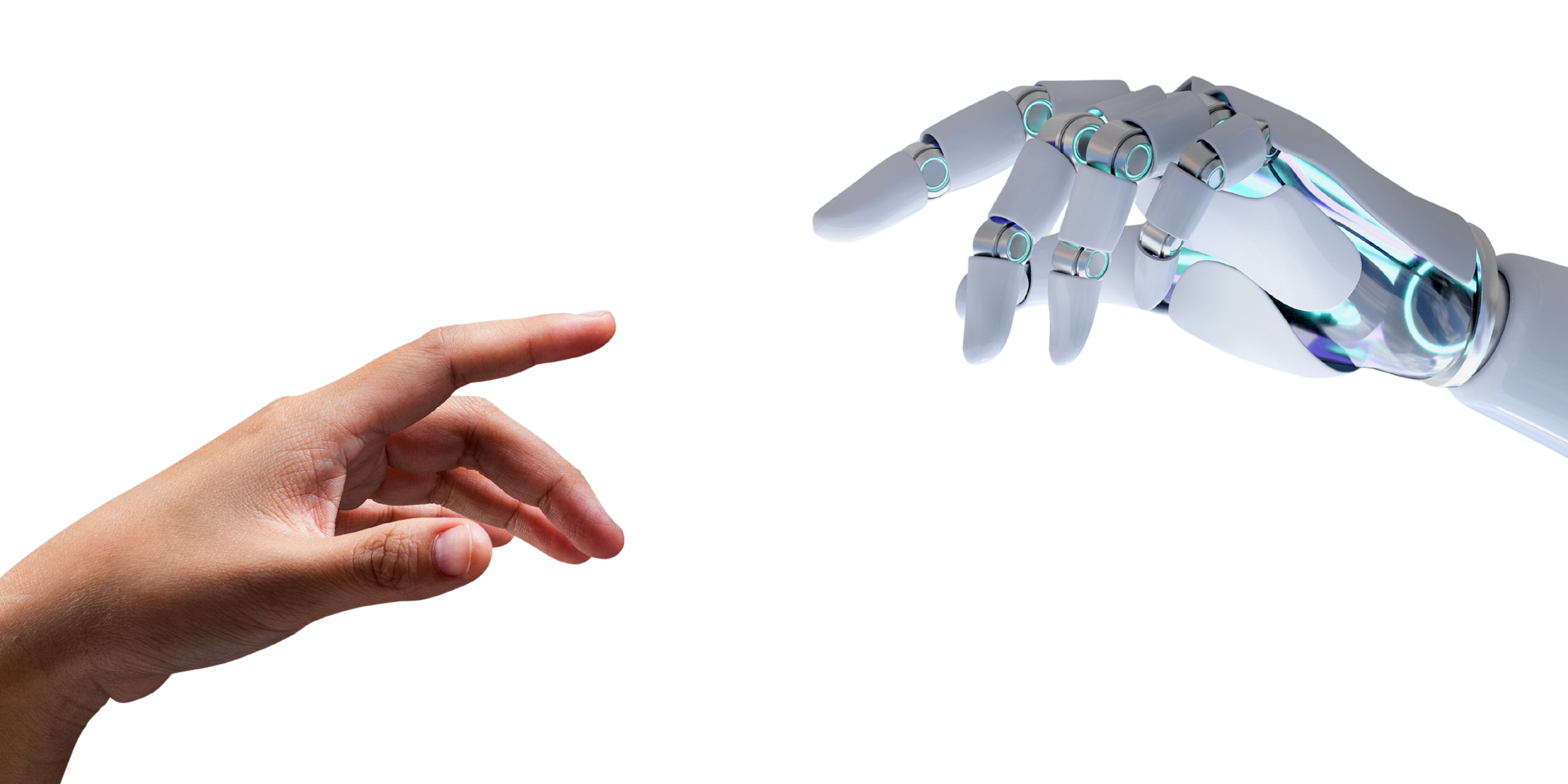 A realistic human hand reaching towards a futuristic robotic hand with glowing accents, suggesting connection or collaboration.
