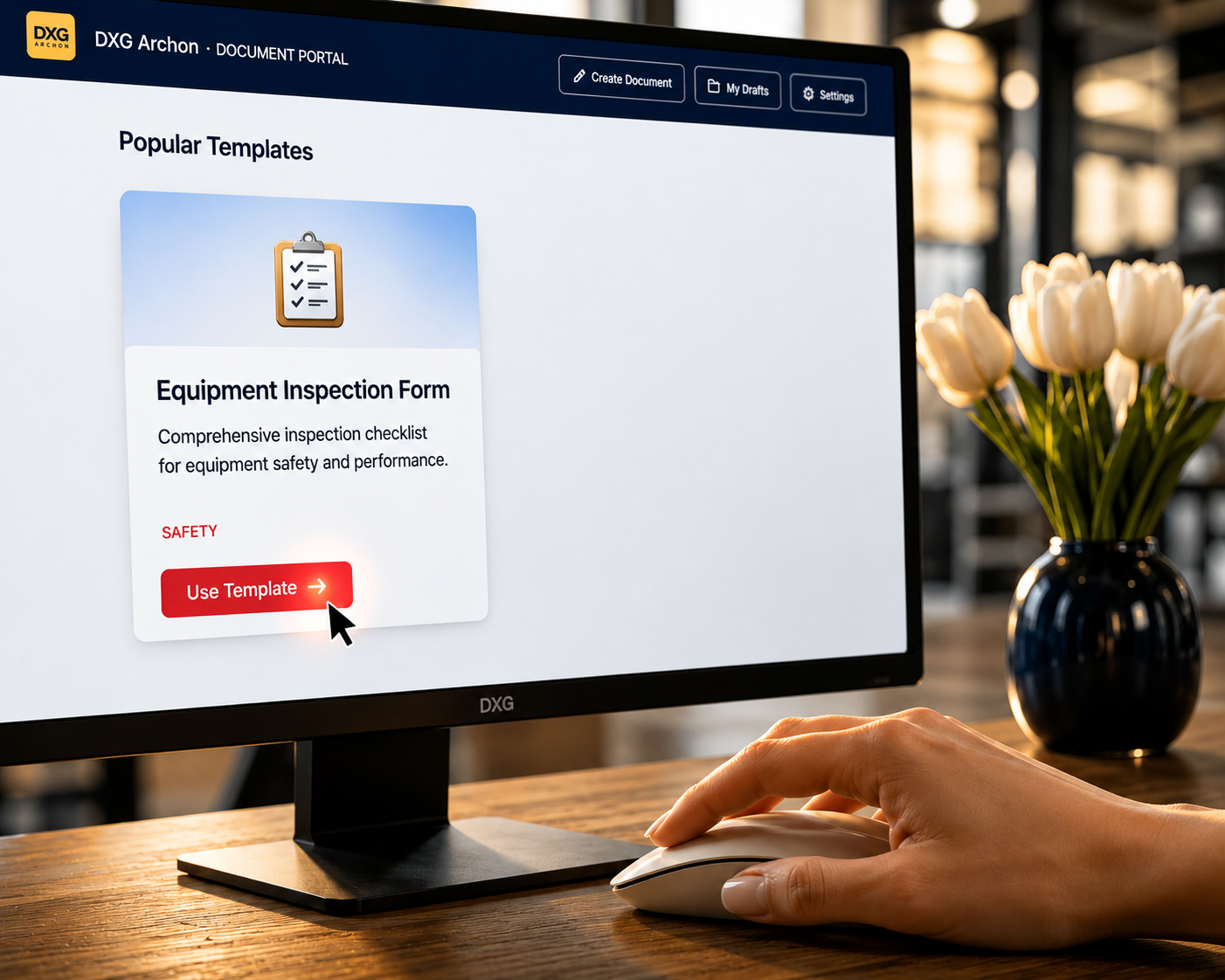 A person using a computer mouse to click on a red 'Use Template' button on a software screen titled 'DXG Archon Document Portal' displaying a 'Equipment Inspection Form' template with a blue and white interface, sitting at a wooden desk with a vase of white flowers nearby.