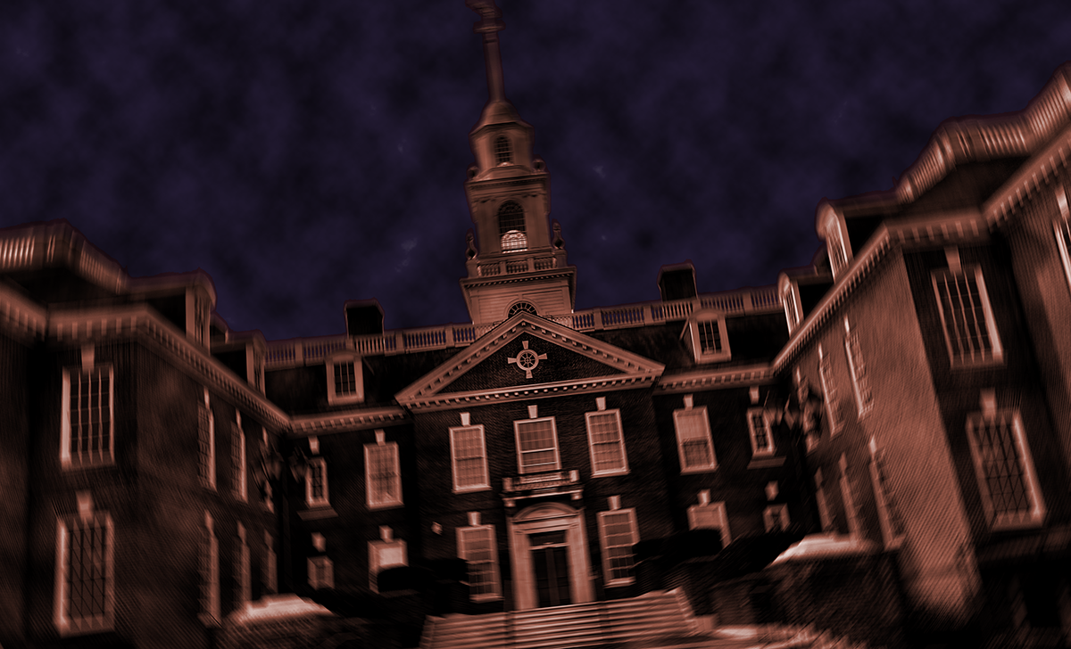An old, large mansion with multiple stories and a prominent tower against a cloudy night sky.