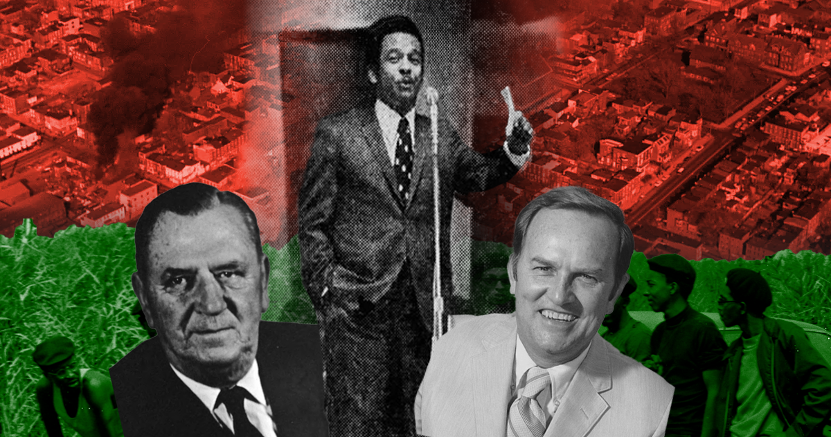 Collage of historical figures and scenes, with a background of a cityscape and agricultural fields, depicting themes of activism and social change
