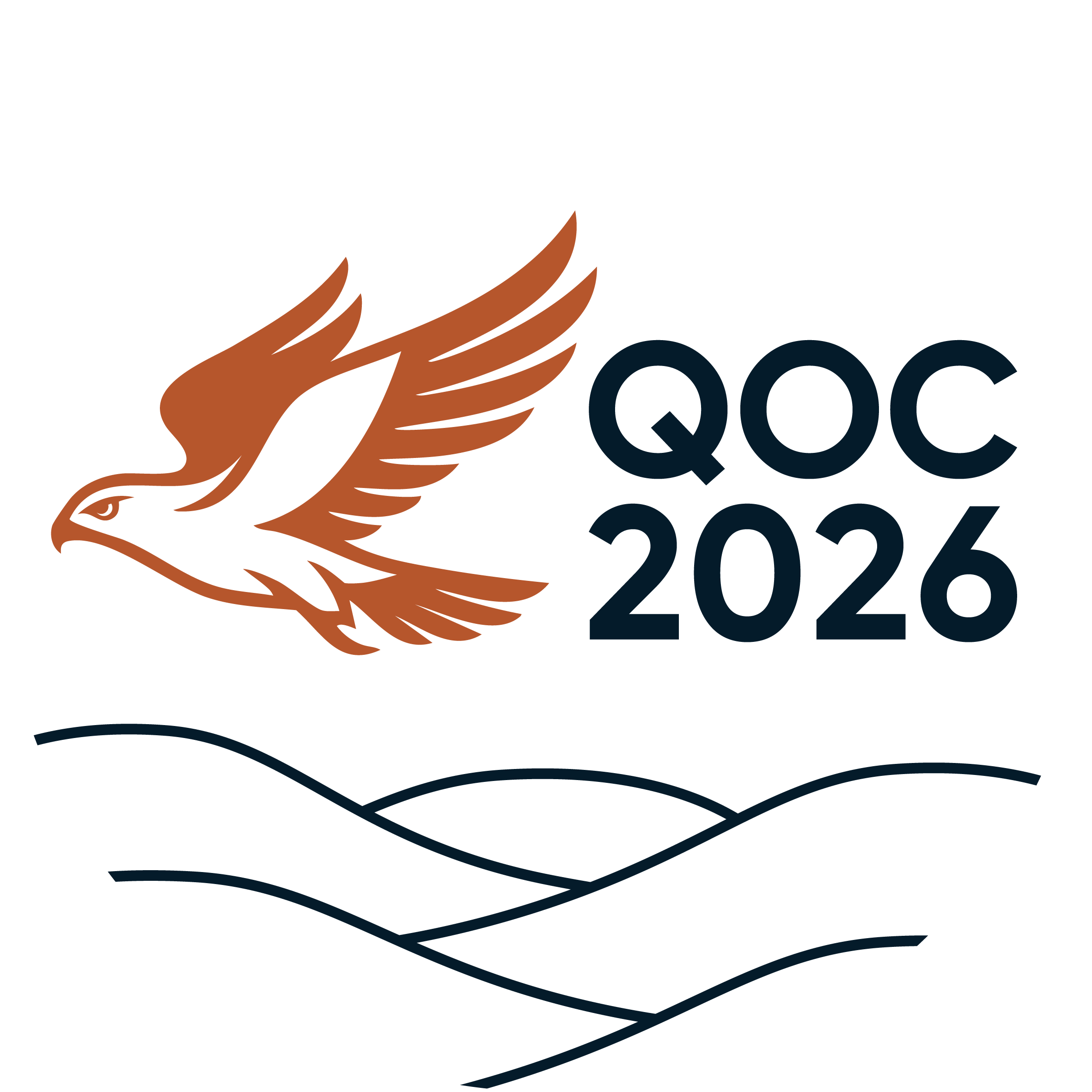 Close-up of a circular logo with a stylized brown eagle head on the left and bold text reading 'QOC 2023' on the right.