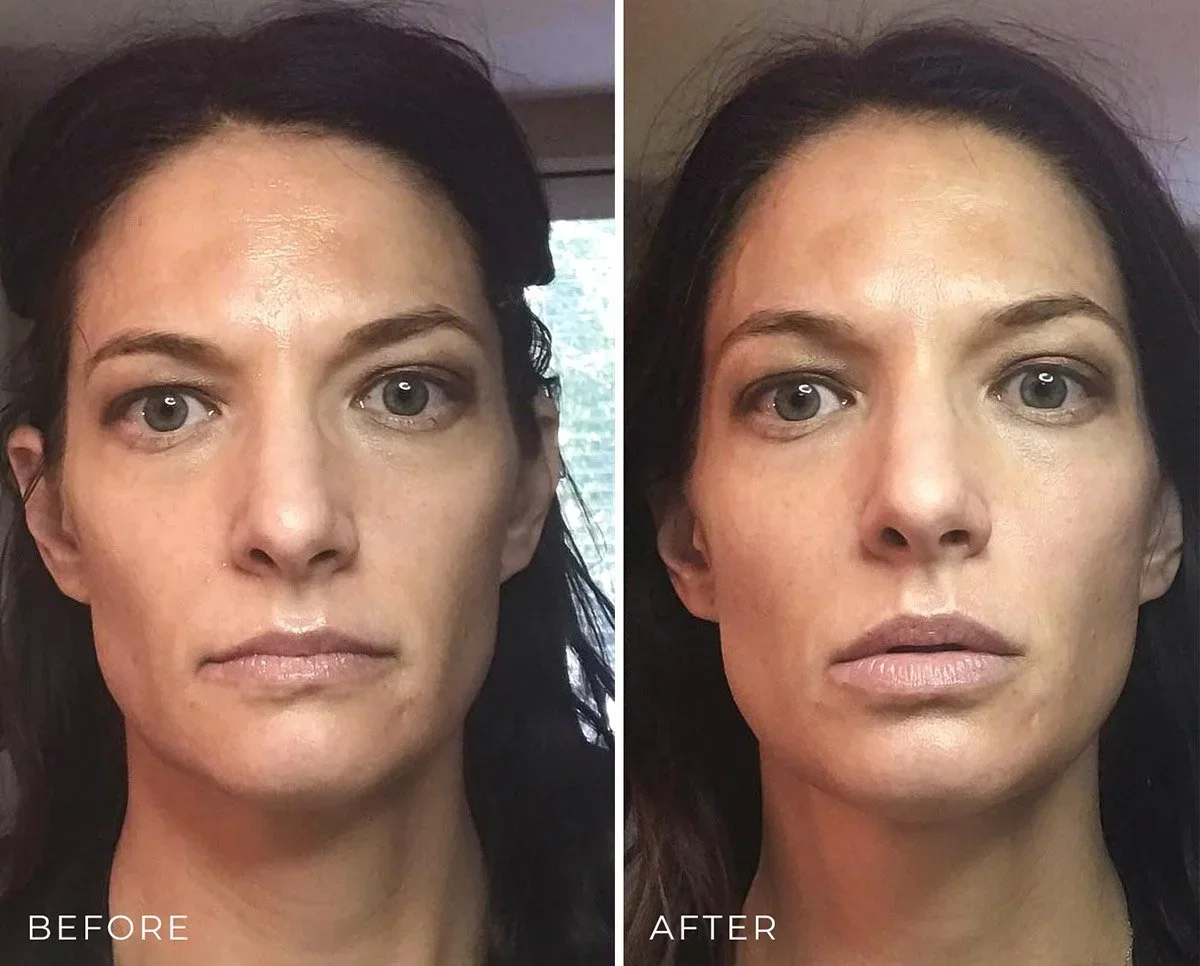 Comparison photo showing a woman's face before and after makeup application. The left side labeled 'Before' shows her with no makeup, and the right side labeled 'After' shows her with makeup applied, highlighting her skin and facial features.