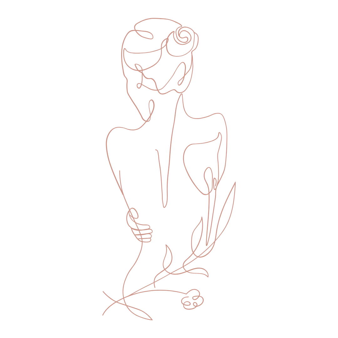 A minimalist line drawing of a woman with flowers, rendered in continuous pink lines on a black background