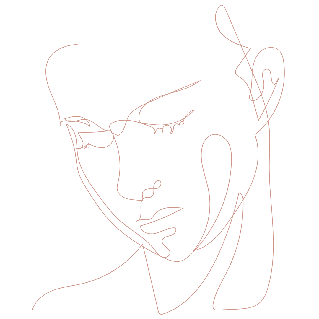 A minimalist continuous line drawing of a woman's face with closed eyes and slightly parted lips, on a black background.