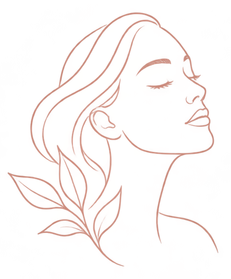 Line art illustration of a woman's face with botanical leaves
