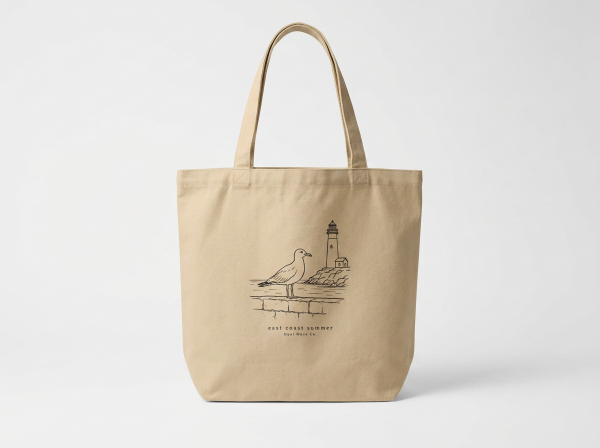 Beige tote bag featuring a line drawing of a seagull, a lighthouse, and rocks on the coast, with the text 'east coast summer' and 'Opal Wave Co.' underneath.