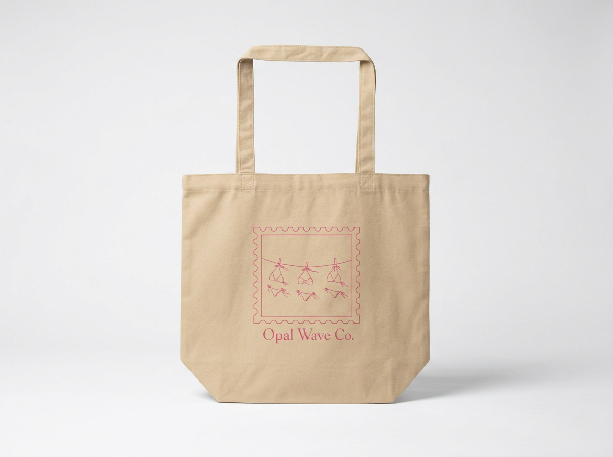 Beige tote bag with pink print of bikinis hanging on a clothesline and the text 'Opal Wave Co.'