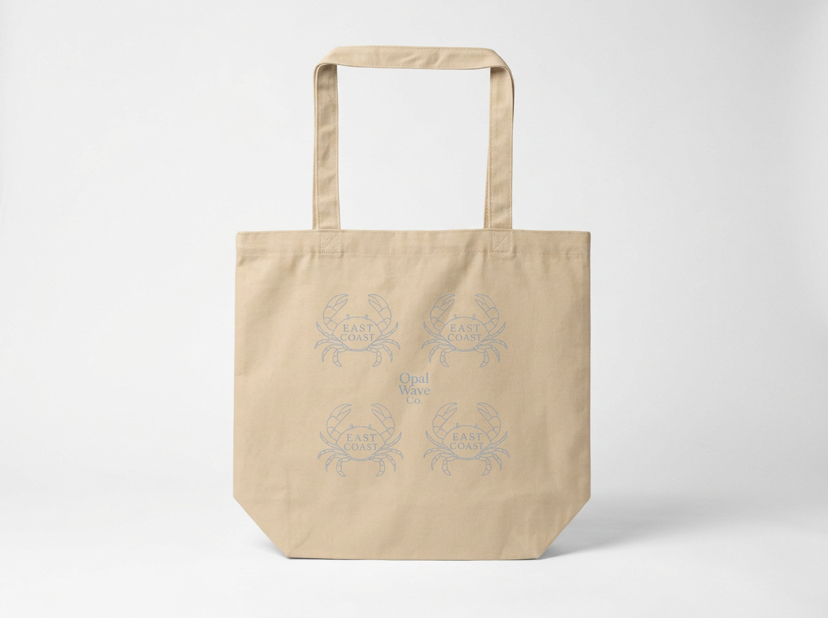 Beige tote bag with four blue crab illustrations and the words "East Coast" and "Opal Wave Co." printed on the front.