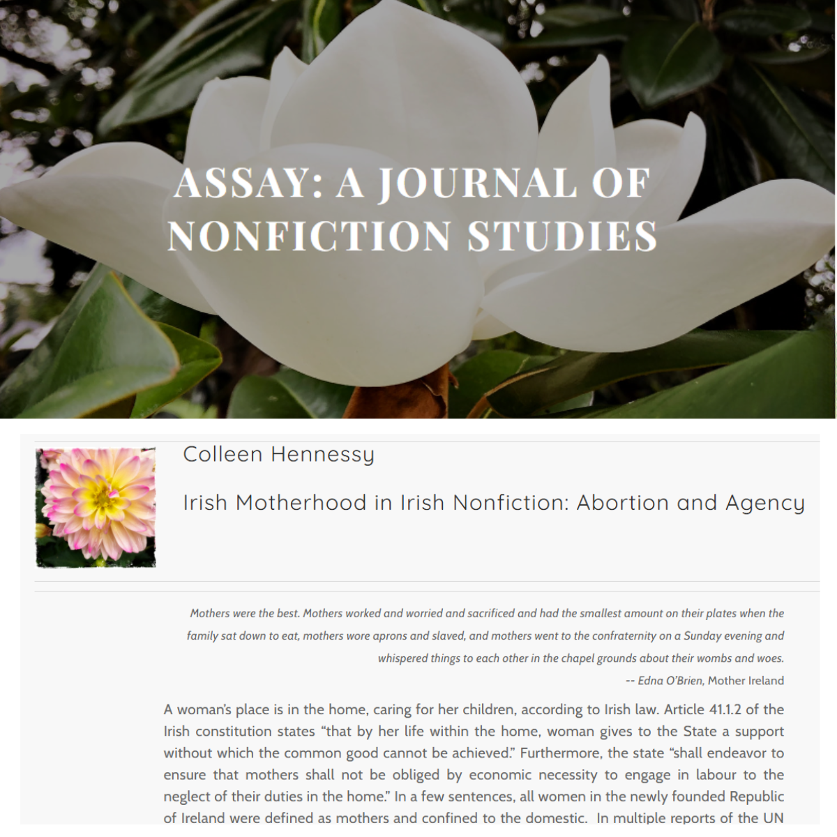 Irish Motherhood in Irish Nonfiction: Abortion and Agency journal